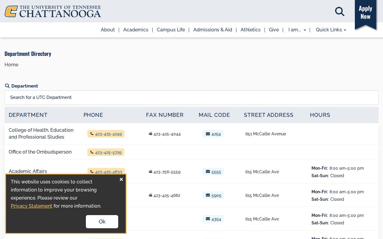 Chattanooga people directories UTC department search and contact entries
