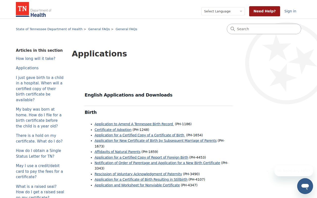 Chattanooga open records application links for Tennessee vital certificates